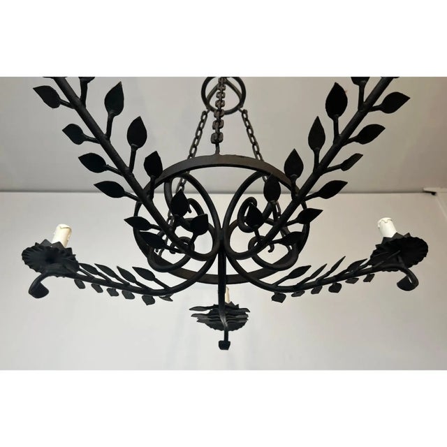 Wrought Iron Chandelier With 5 Arms Decorated With Leaves For Sale In Los Angeles - Image 6 of 9