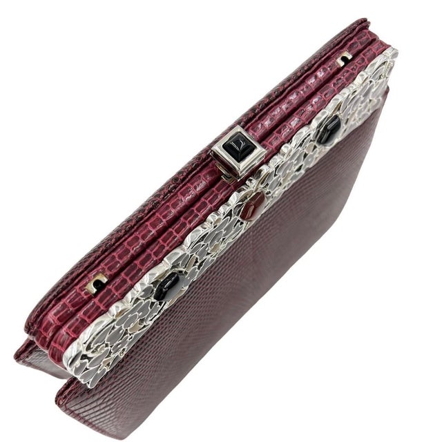 1990s Judith Leiber Lizard Skin Brown Burgundy Day Evening Handbag Gem Enamel Vintage For Sale In Los Angeles - Image 6 of 12