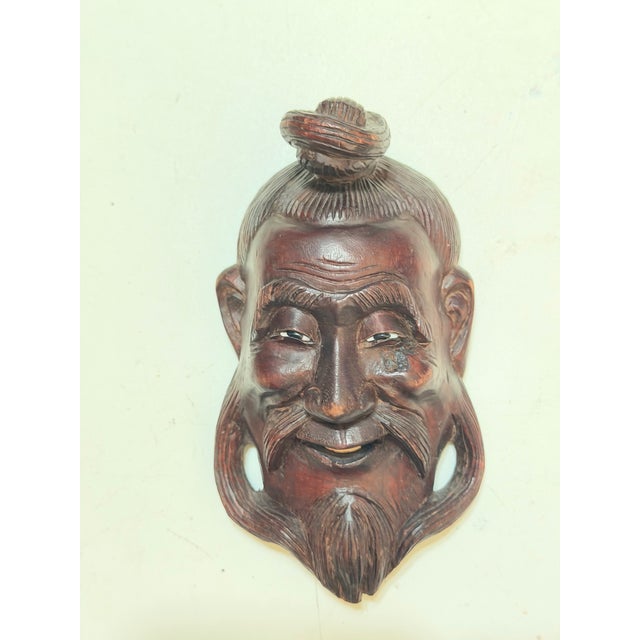 Vintage Chinese Hand-Carved Hardwood Smiling Sage Elder Wall Mask For Sale - Image 9 of 9