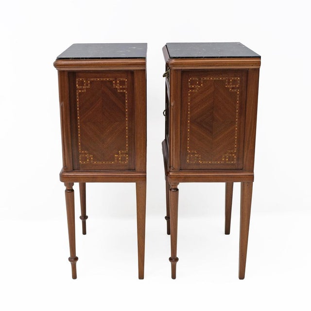 Louis XVI Style Bedside Tables with Inlays and Marble Top, Italy, 1920s, Set of 2 For Sale - Image 4 of 10