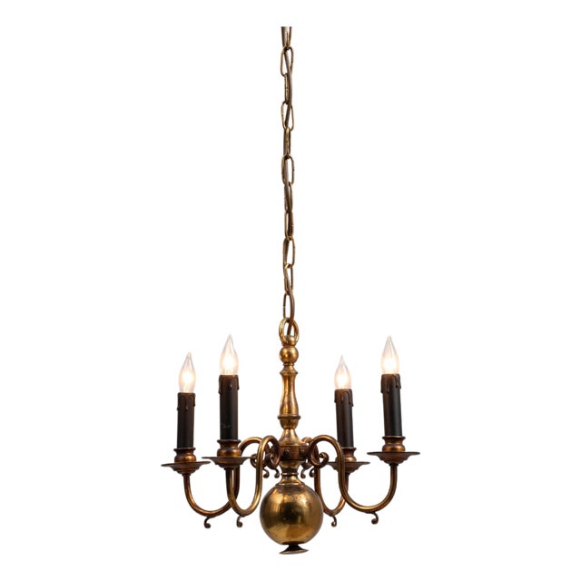 20th Century Belgian Colonial Revival Brass Three-Arm Chandelier For Sale