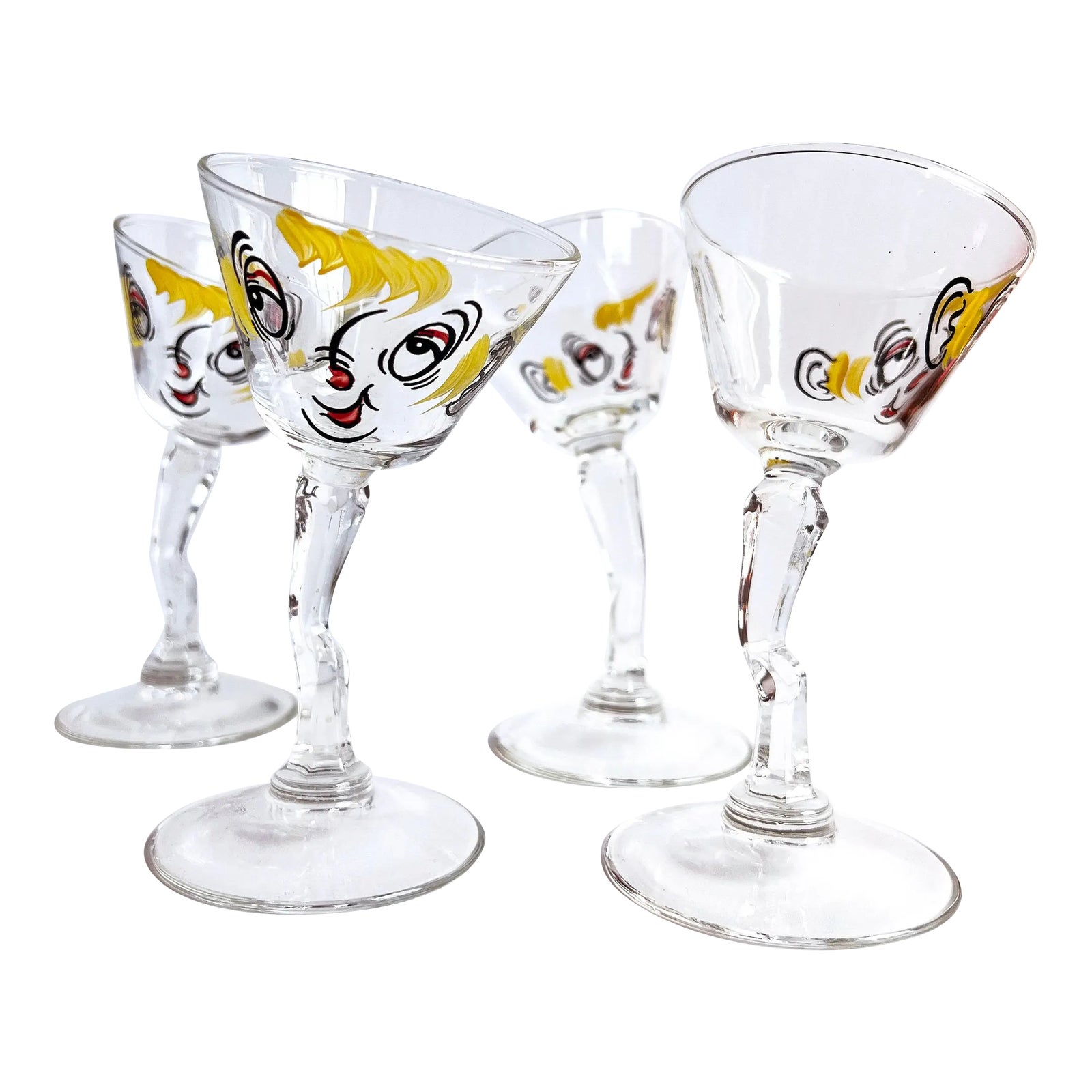 Whimsical Mid-Century Modern Gay Fad Hand-Painted Tipsy Cocktail Glasses – Set of 4