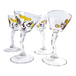 Whimsical Mid-Century Modern Gay Fad Hand-Painted Tipsy Cocktail Glasses – Set of 4