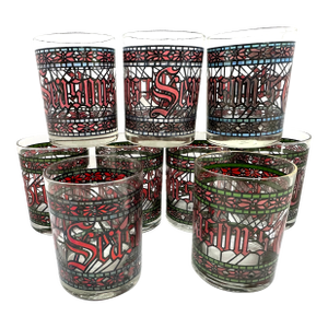 1960s Houze Mid Century Seasons Greetings Mosaic Double Old Fashioned Glasses Set of 10