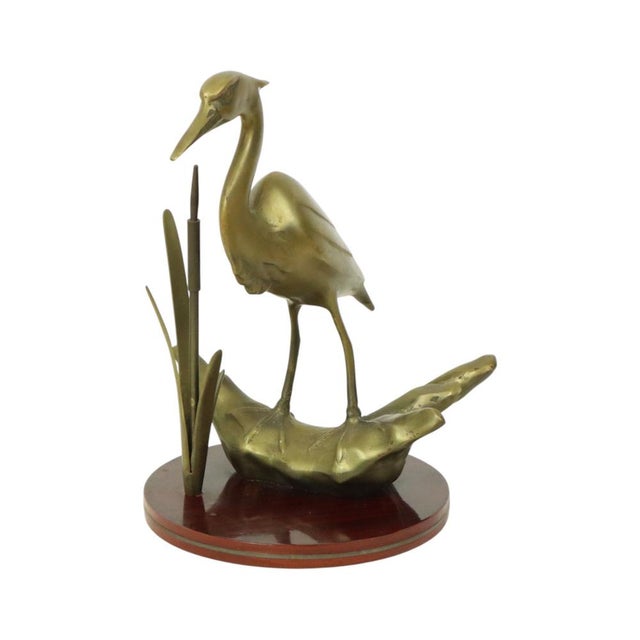 Mid-Century Modern Hollywood Regency Brass Heron Statue on Wooden Base, 1970s For Sale - Image 3 of 16