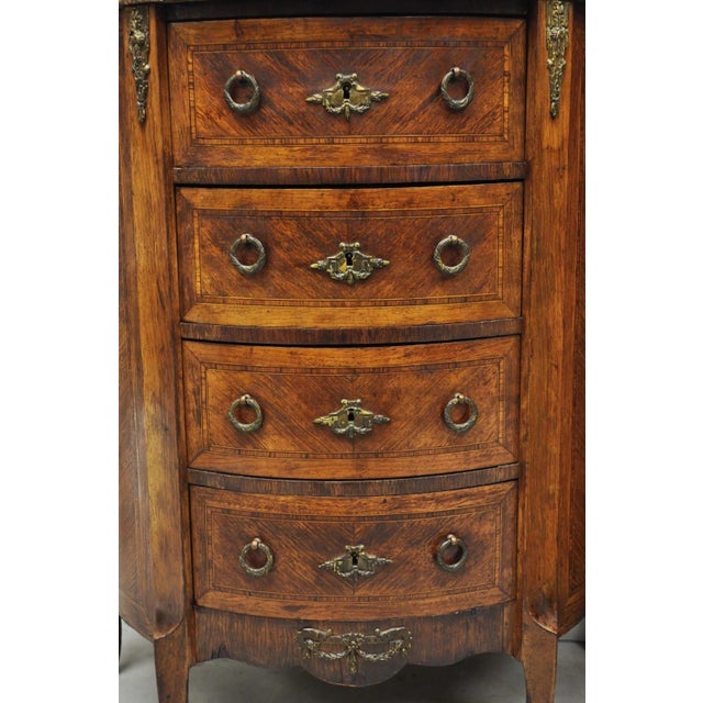 Antique French Louis XV Style Demilune Marble Top 4 Drawer Nightstand Table Pair For Sale - Image 12 of 18