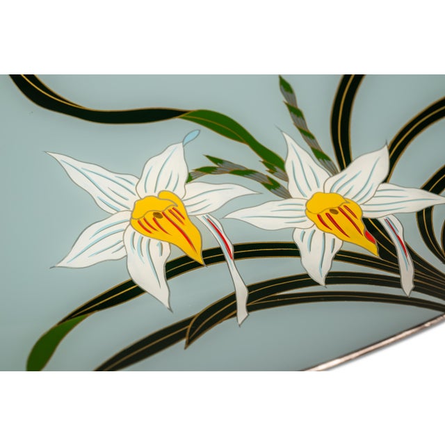 1960s Japanese Mid-Century Modern Hand-Painted Glass Serving Dish Depicting Orchids W/ Protective Case by Mitsukoshi For Sale - Image 11 of 18