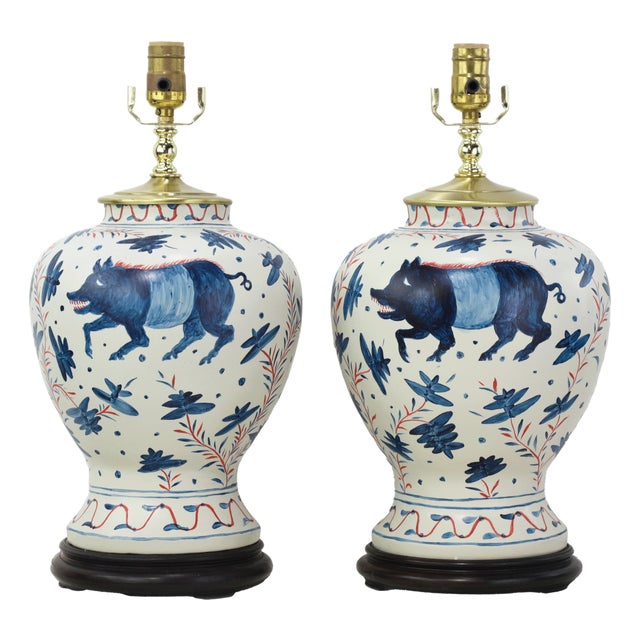 Pair of Vintage Brunschwig & Fils Cadiz Table Lamps - Blue and Cream Ceramic With Boar and Deer Motif For Sale