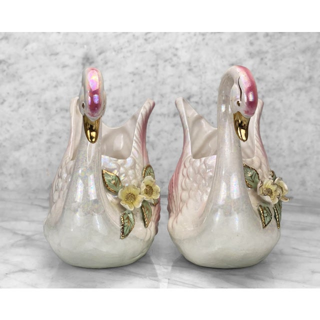 Vintage Traditional Porcelain Lusterware Swan Bird Planters - a Pair For Sale - Image 4 of 10