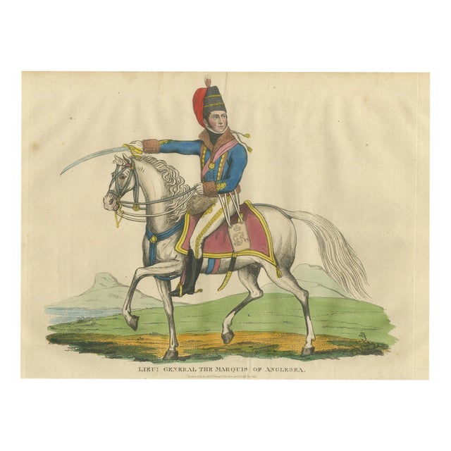 Richard Evans, Marquis of Anglesey in Hussar Uniform with Raised Saber, Hand Colored, 1815, Engraving For Sale