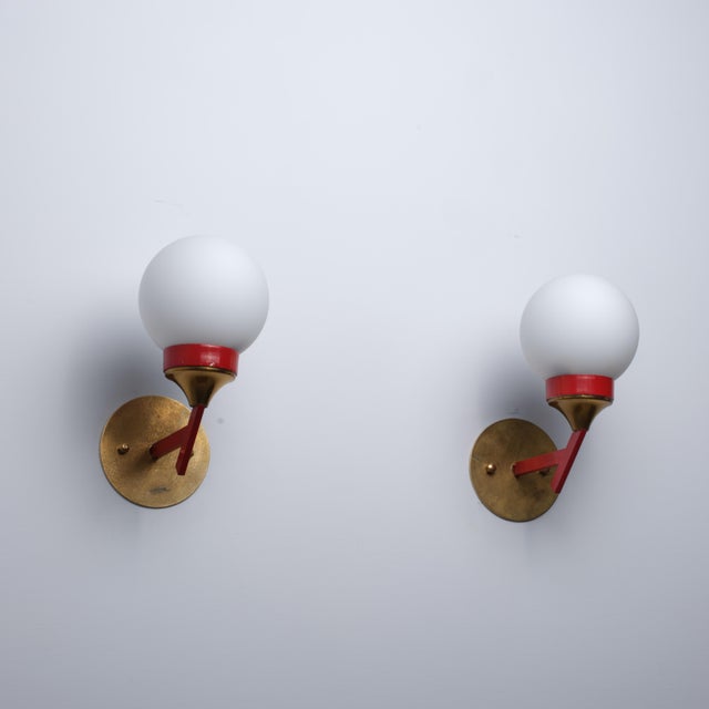 Italian Brass, Red Metal and Opaline Glass Globe Sconces, 1950s, Set of 2 For Sale - Image 4 of 10