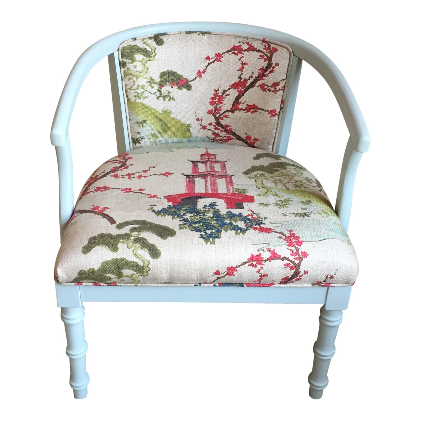 MidCentury Chinoiserie Blue Upholstered Chair Chairish