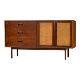 1960s Refinished 52” Walnut and Cane Credenza by Founders For Sale