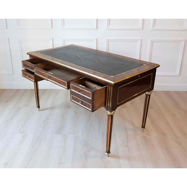Louis XVI-Style Double-Sided Wood and Brass Bureau Plat with Leather Top For Sale - Image 10 of 13