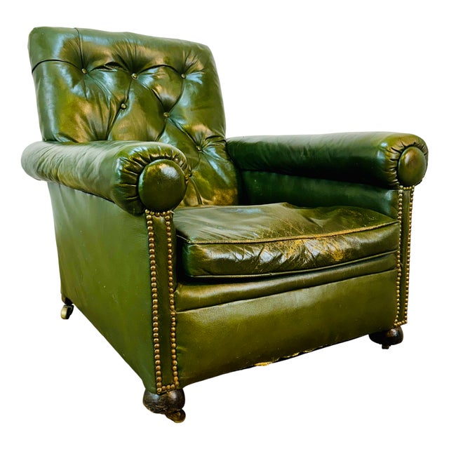 19th Century English Green Leather Club Chair For Sale