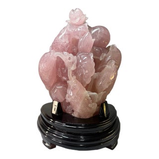 Vintage Chinese Carved Rose Quartz Koi Fish & Lotus Sculpture on Wood Stand For Sale