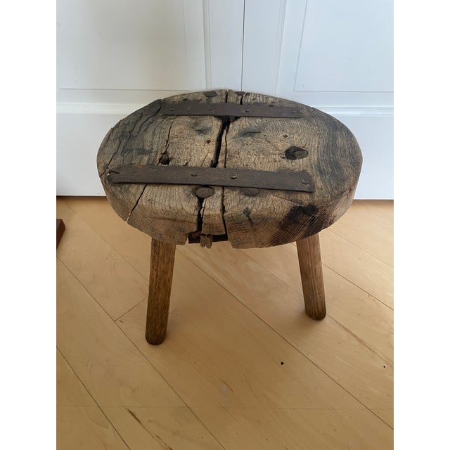 Shabby Chic Antique 3 Legged Milking Butcher Stool Reinforced Primitive Iron Straps For Sale - Image 3 of 12