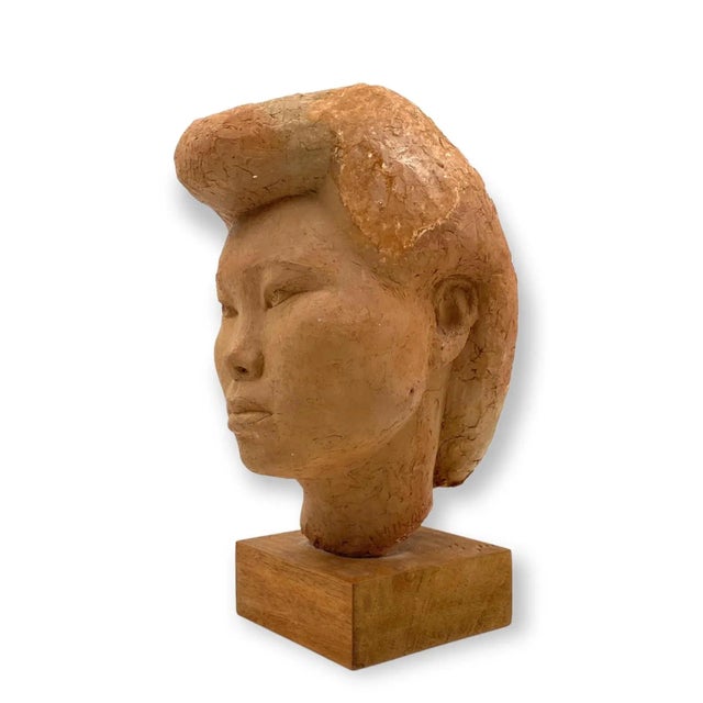 Burnt Orange Willy Gordon, Terracotta Japanese Girl Akito Head Sculpture, France 1940s For Sale - Image 8 of 13