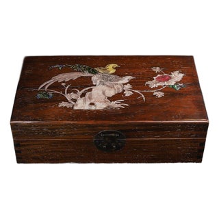 Late 20th Century Wooden Box With Mother-of-Pearl Bird and Floral Inlay For Sale