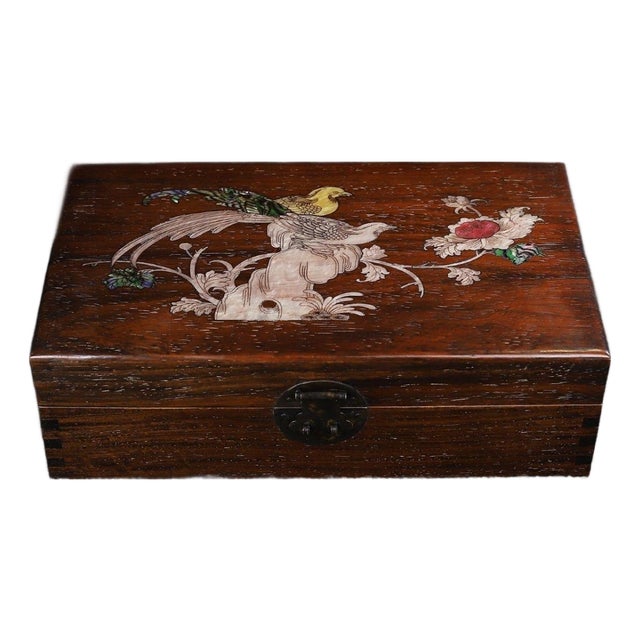 Late 20th Century Wooden Box With Mother-of-Pearl Bird and Floral Inlay For Sale