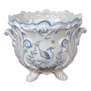 Flowerpot in White & Blue Color, Bird Motif by Moustier Dallier, 1970s For Sale