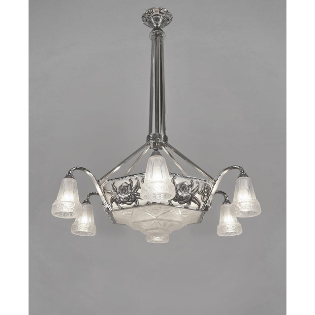 Art Deco Ollier & Hanots French Art Deco Chandelier 1920s - Frosted Glass & Nickeled Bronze For Sale - Image 3 of 14