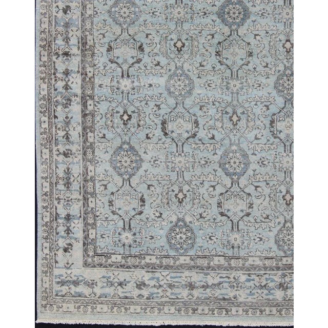 Modern Modern Hand-Knotted Oushak Rug With Geometric Design in Blues and Browns For Sale - Image 3 of 12