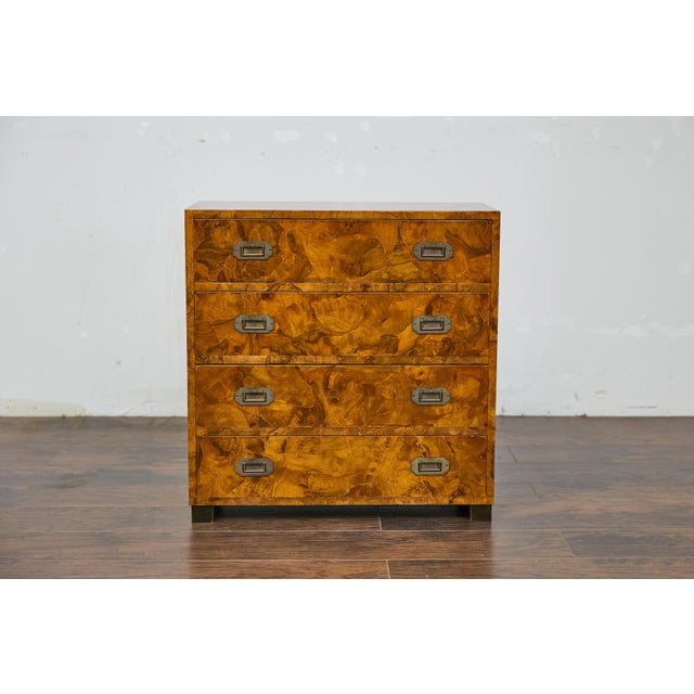 Mid 20th Century 1940s Italian Walnut Commode with Elaborate Grain Patterns and Brass Hardware For Sale - Image 5 of 12