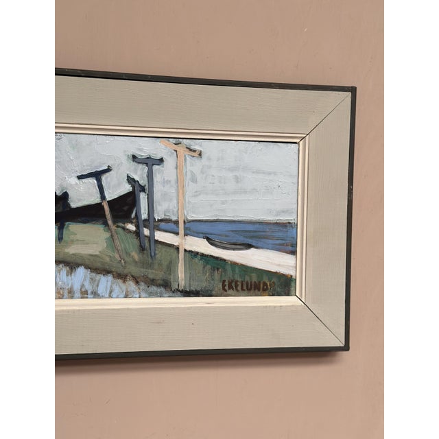 Ivar Ekelund, Coastal Landscape with Beached Boats, 1950s, Oil on Panel, Framed For Sale - Image 10 of 14