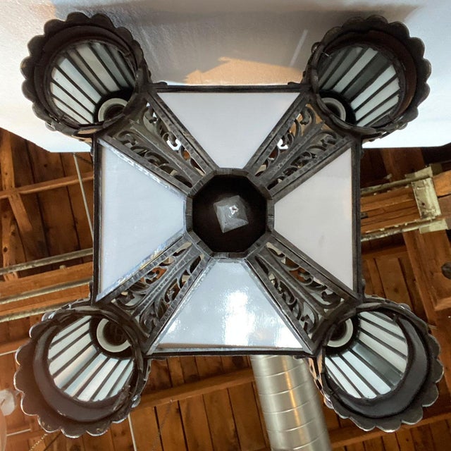 Vintage American Albert Sechrist Wrought Iron, Glass Eight-Light Pendant Lantern For Sale - Image 10 of 12