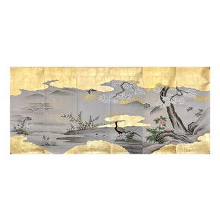 Gold Leaf Hand-Painted East Asian Landscape Cherry Blossom Mural For Sale