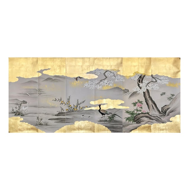 Gold Leaf Hand-Painted East Asian Landscape Cherry Blossom Mural For Sale