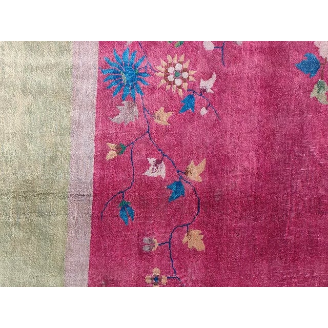 Textile 1920s Raspberry Pink Open Field Floral Antique Chinese Art Deco Carpet Wool Rug For Sale - Image 7 of 12