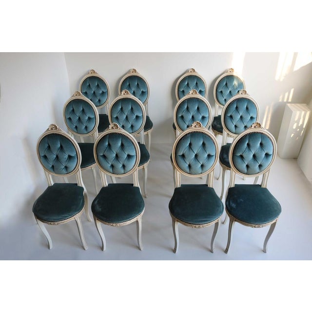 Wooden Chairs in Blue Velvet, Italy, 1960, Set of 12 For Sale - Image 13 of 13