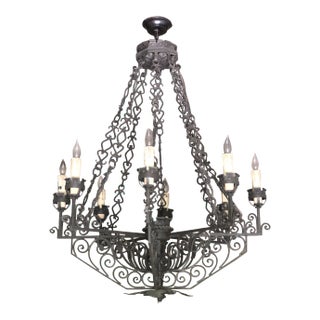 Spanish Revival Reproduction Iron Chandelier 8 Light Candle For Sale
