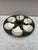Green Majolica oyster plate, six white wells on a green basket weave, circa 1890 signed Longchamp.