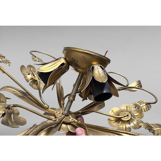 Vintage Italian Florentine Style Gilt Wrought Iron Flush Mount Ceiling Light For Sale - Image 12 of 18