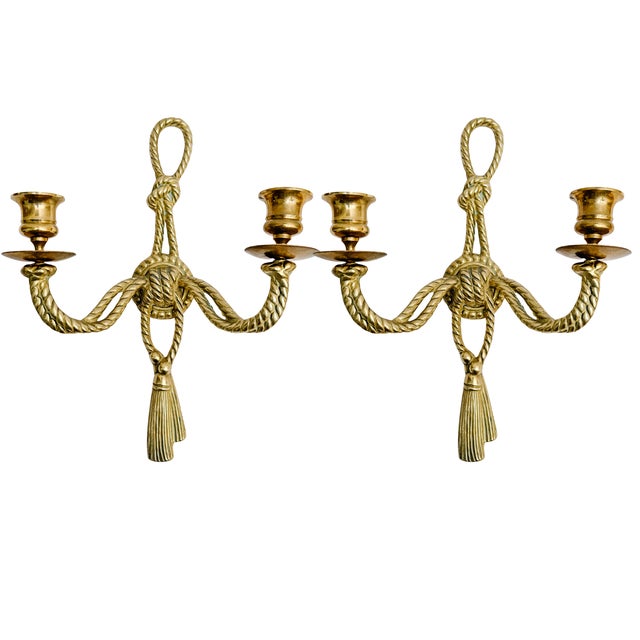 Pair of vintage brass two-light wall sconces by Andrea by Sadek. Cast to mimic twisted nautical rope, each sconce features...