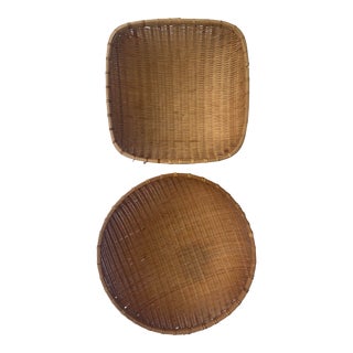 Mismatched Winnowing Bowls in Natural Woven Wicker Rattan- Set of 2 For Sale
