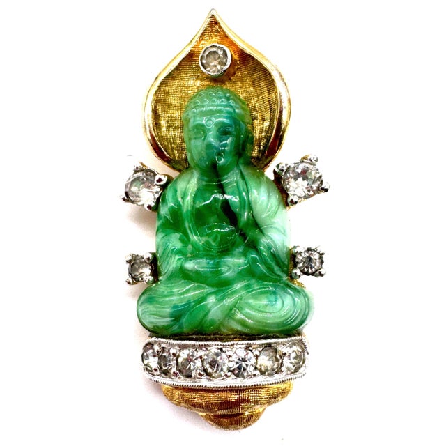 Mid 20th Century Faux Jade Buddha Pin With Rhinestones, Style of Cartier Travel Jewelry, 1950s For Sale - Image 5 of 18