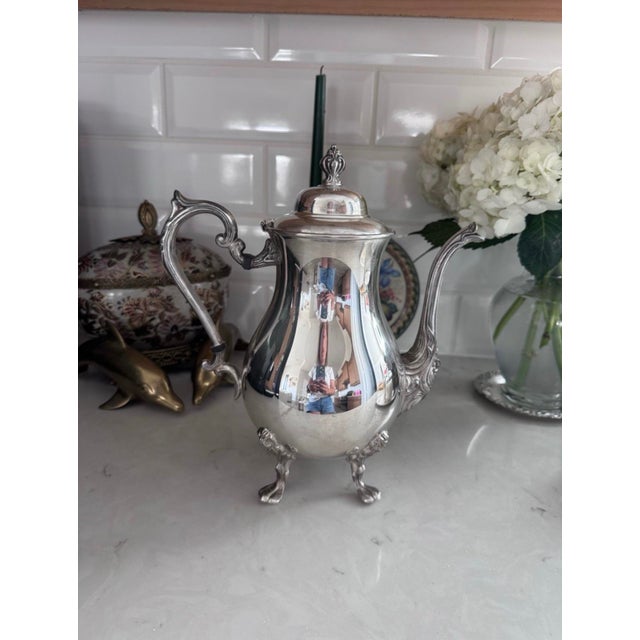 1940s 1940s Sheridan Silver Co Silver Plated Tea Pot Silver on Copper Flower Design 4 Footed For Sale - Image 5 of 12