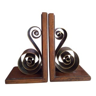 Mid Century Modern Brass and Wood Bookends - a Pair For Sale