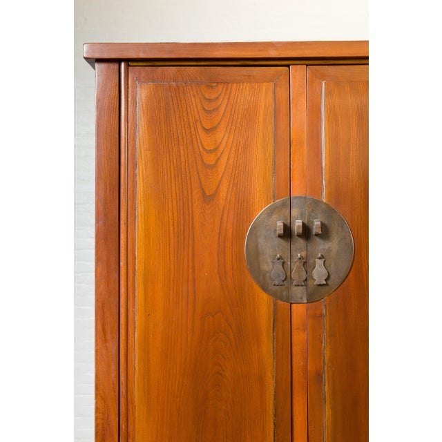 Chinese Qing Dynasty Elmwood Cabinet with Bronze Medallion and Inner Drawers For Sale - Image 9 of 13