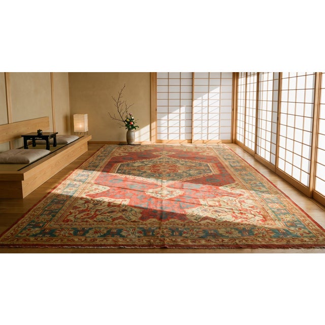 1930s Red-Green Medallion Antique Turkish Oushak Rug 12' X 23' Handknotted Wool Carpet For Sale - Image 10 of 10