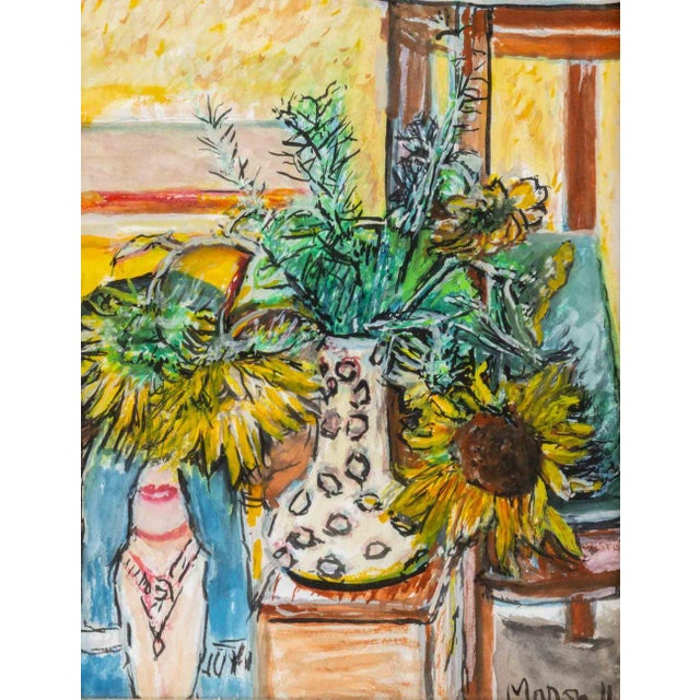 Lorna Marsh (American, 1949-2022), Floral Still Life Scene with Woman Wearing Blue Gloves, Watercolor on Paper, 2011,...