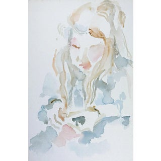 Impressionist Watercolor Portrait of Woman in Blue Dress Painting For Sale