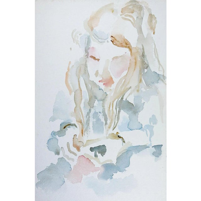 Impressionist Watercolor Portrait of Woman in Blue Dress Painting For Sale