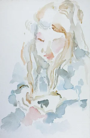 Impressionist Watercolor Portrait of Woman in Blue Dress Painting