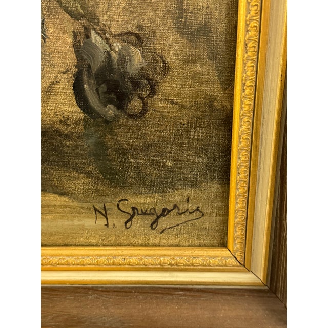 Beautiful original vintage oil painting on canvas depicting a floral still life arranged in a vase. The composition...