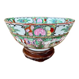 Large Antique Hand Painted Chinese Porcelain Bowl With Carved Wood Stand For Sale